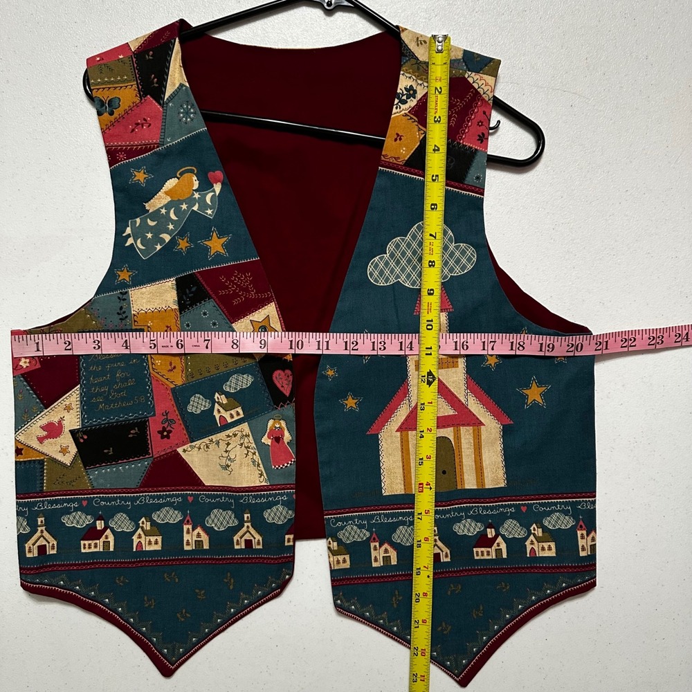 Country Blessings Patchwork Bible Print Vest Religious Church Angel Folk Art M - Picture 5 of 5